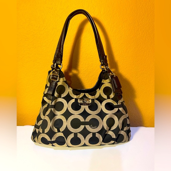 Coach Handbags - COACH™ Madison Maggie Op Art Hobo Tan on Black, Purple Interior, Vintage